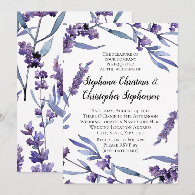 Invitation Belle Aquarelle Lilac Elégant Mariage d'été (Devant / Derrière)