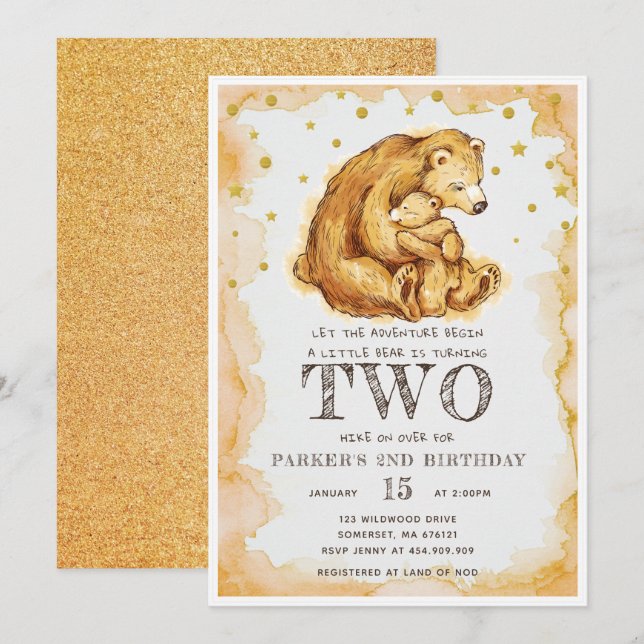 Invitation Belle aquarelle Ours Anniversaire 2ème anniversair (Devant / Derrière)