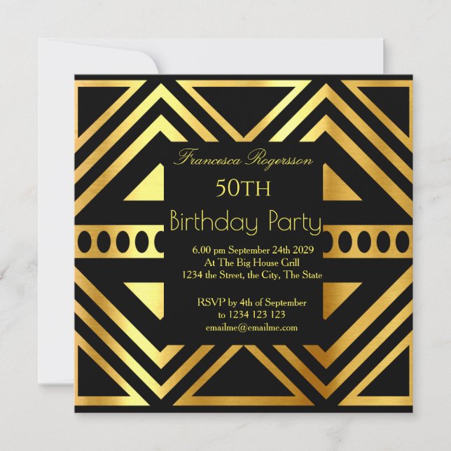 Invitation Belle Art Déco 50e Anniversaire Soirée Gold Noir (Devant)