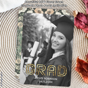Invitation Belle B&W Floral Green Graduate Photo Party