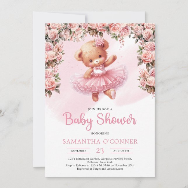 Invitation Belle ballerine tutu ours en peluche avec roses bl (Devant)