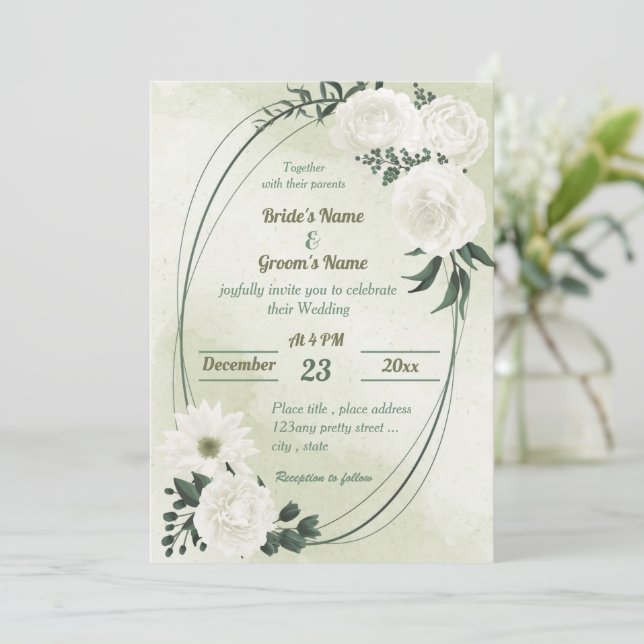Invitation belle blanche fleurie mariage géométrique (Debout devant)