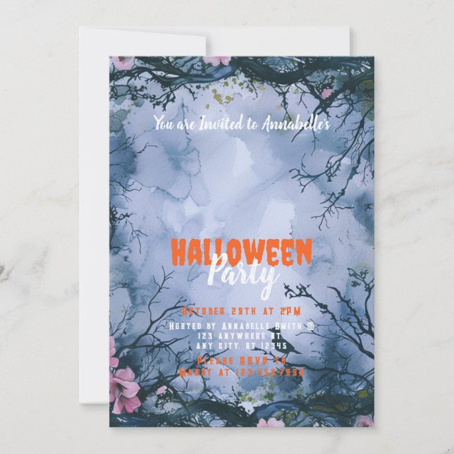 Invitation Belle Blue Sky Pink Fleurs Halloween Party (Devant)