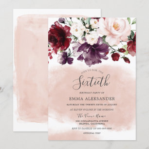 Invitation Belle Blush & Burgundy Womans 60e anniversaire