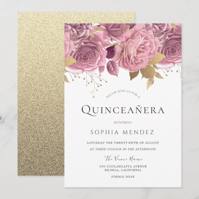 Invitation Belle Blush Floral & Gold Quinceanera Party (Devant / Derrière)