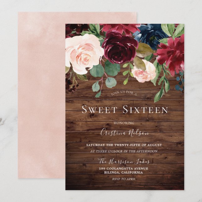 Invitation Belle Blush Rustique Bourgogne Sweet 16 Party (Devant / Derrière)