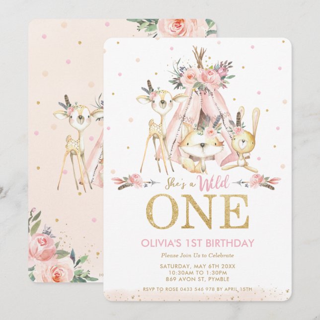 Invitation Belle Bois Animaux Fille Sauvage Un 1er Anniversai (Devant / Derrière)