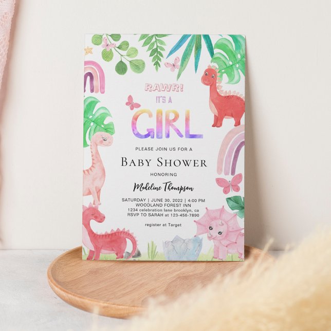 Invitation Belle Botanique C'est une fille Baby shower Dinosa (Créateur téléchargé)
