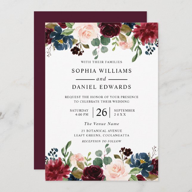Invitation Belle Bourgogne Blush Floral Mariage (Devant / Derrière)