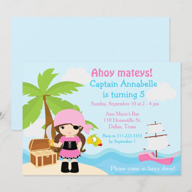 Invitation Belle Brunette Pirate Girl Anniversaire (Devant / Derrière)