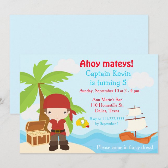 Invitation Belle Brunette Pirate Oeil Patch Garçon fête d'ann (Devant / Derrière)
