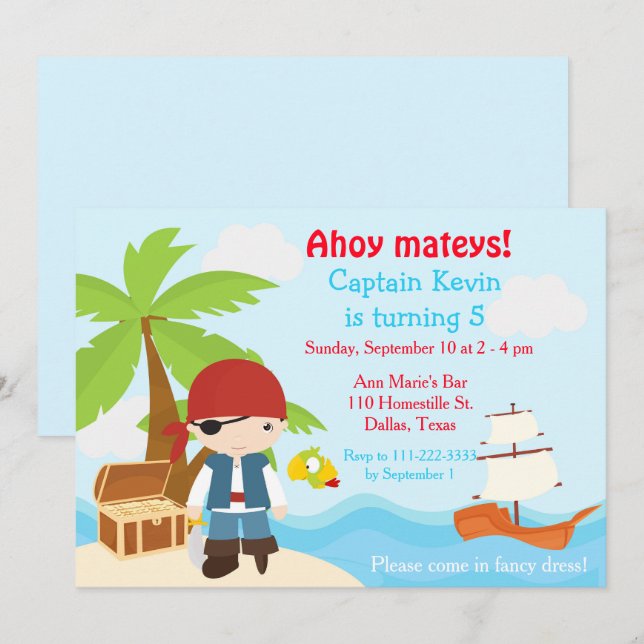 Invitation Belle Brunette Pirate Oeil Patch Garçon fête d'ann (Devant / Derrière)