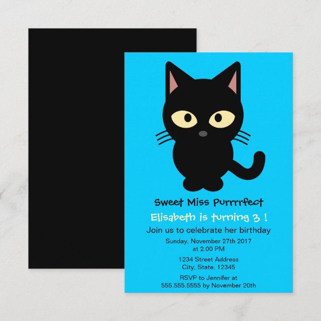 Invitation Belle caricature de chat noir bleu fille fête d'an (Devant / Derrière)