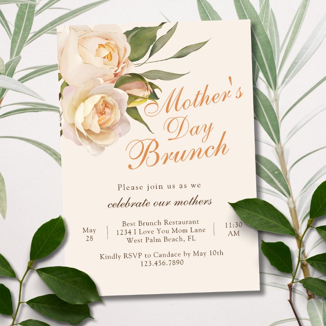 Invitation Belle Chic Blanc Roses Crème Fête des Mères Brunch (Créateur téléchargé)