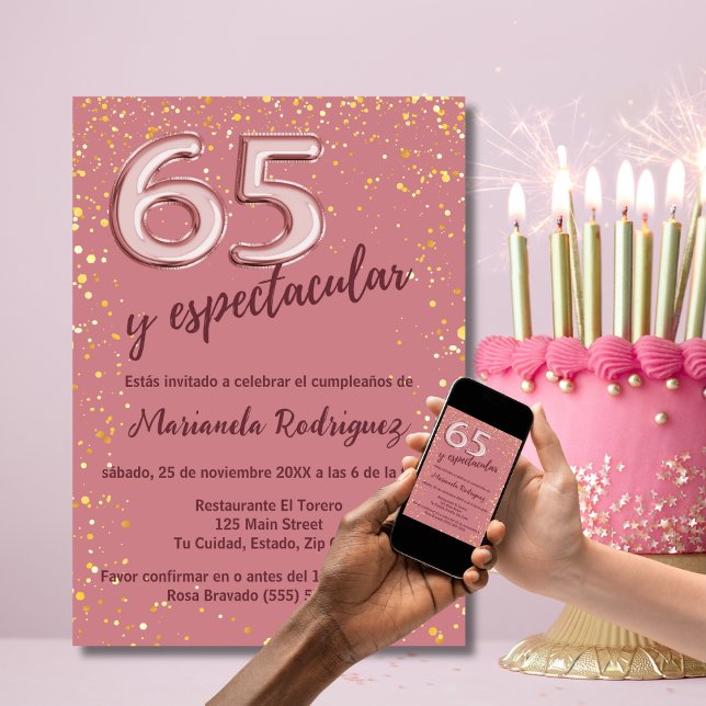 Invitation Belle Chic Rose Or 65e Anniversaire espagnol (Créateur téléchargé)