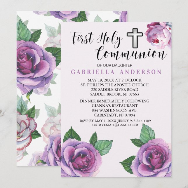 Invitation Belle communion sacrée des Roses pourpres (Devant / Derrière)