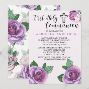 Invitation Belle communion sacrée des Roses pourpres