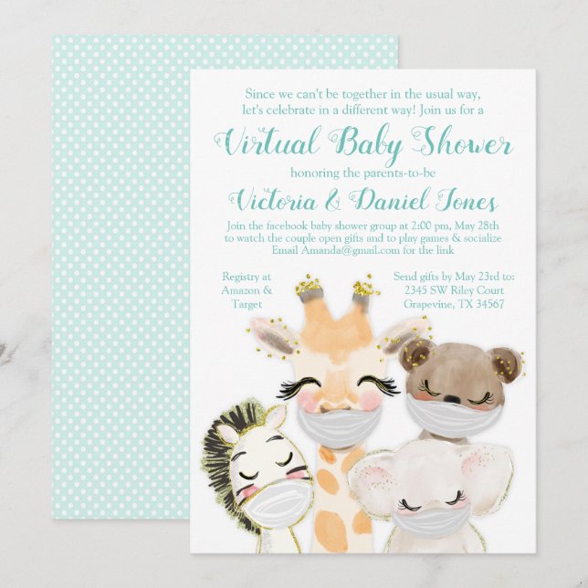 Invitation Belle Conduite Par Baby shower Bébé Animaux Masque (Devant / Derrière)