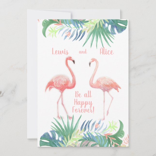 Invitation Belle Conte Fée Pour Deux Flamants roses Fleur Tro (Devant)