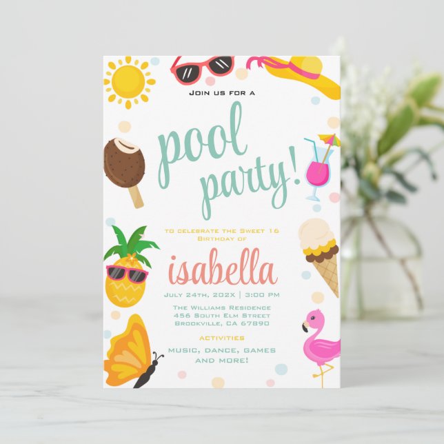 Invitation Belle Cool Piscine Tropicale Fête d'été Anniversai (Debout devant)