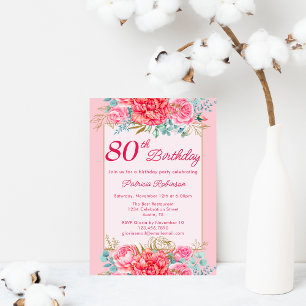 Invitation Belle Coral rose floral 80e fête d'anniversaire