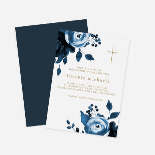 Invitation Belle Croix Bleue Florale Baptême