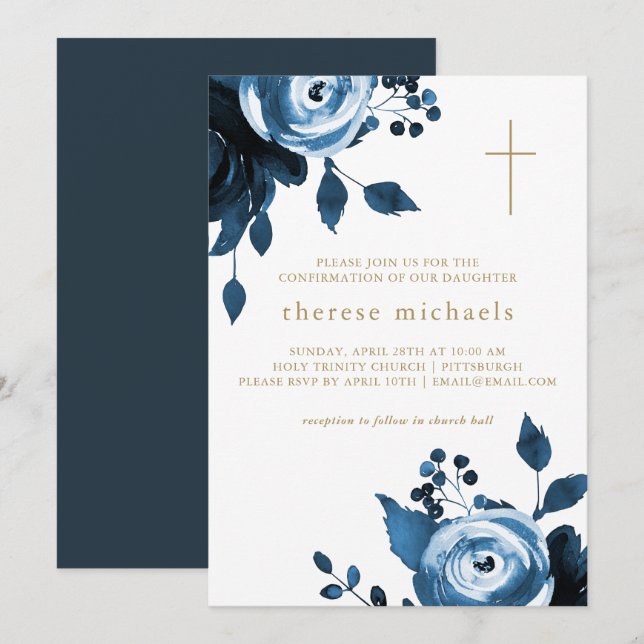 Invitation Belle Croix Florale Bleue Confirmation (Devant / Derrière)