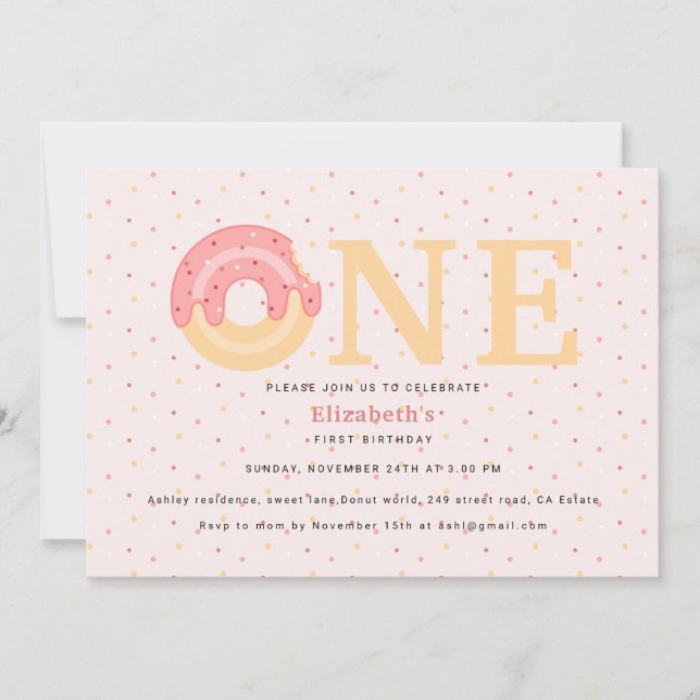 Invitation Belle Donut Rose Une Saupoudrée 1er anniversaire (Devant)