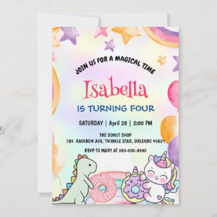Invitation Belle Donuts Arc En Ciel Dino Unicorn Anniversaire