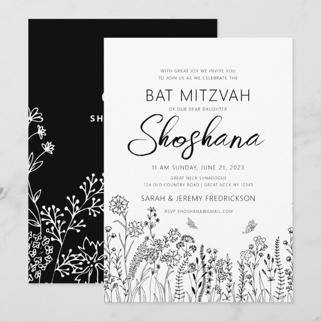 Invitation Belle écriture de Bat Mitzvah avec croquis floral  (Devant / Derrière)