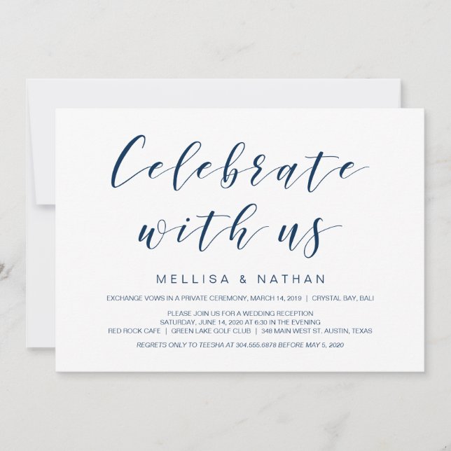 Invitation Belle Elégance, Bleu Marine, Elopement Mariage (Devant)