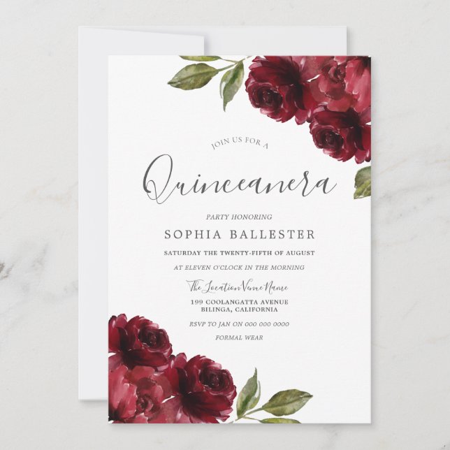 Invitation Belle Elégante Bourgogne Fleurs Rouges Quinceanera (Devant)