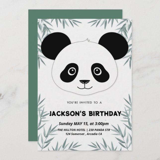 Invitation Belle et ludique anniversaire à thème panda (Devant / Derrière)