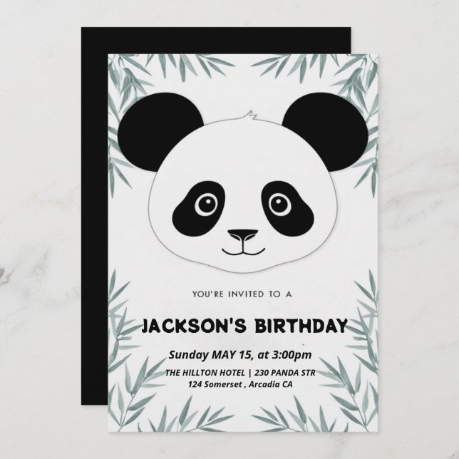 Invitation Belle et ludique anniversaire à thème panda (Devant / Derrière)