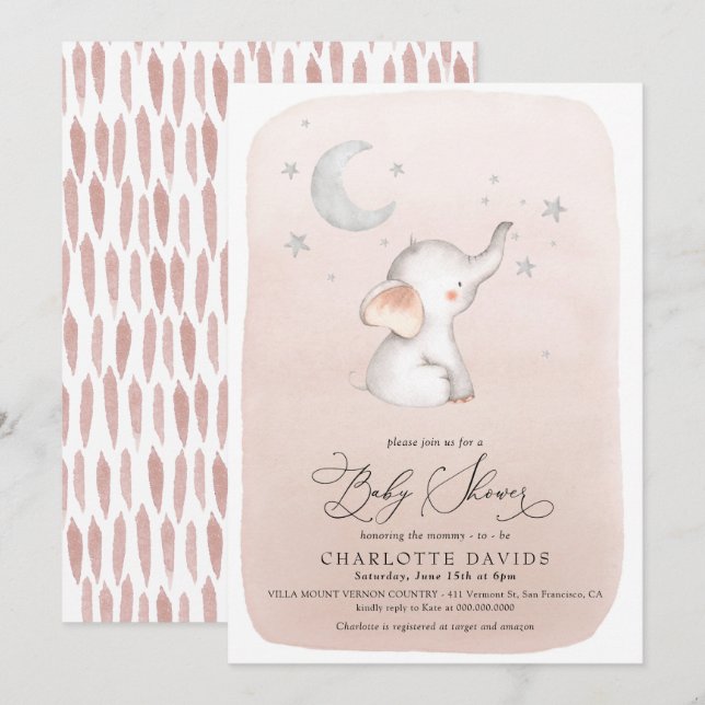 Invitation Belle Étoiles d'éléphant Lune Blush Girl Baby show (Devant / Derrière)