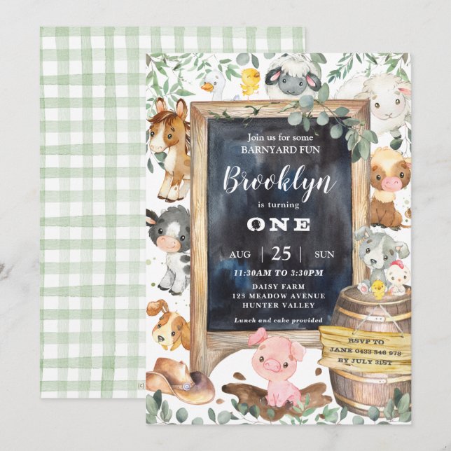 Invitation Belle ferme Animaux Barnyard Chic Vert Anniversair (Devant / Derrière)