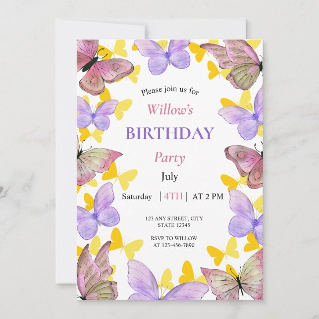 Invitation Belle fête d'anniversaire de papillon coloré (Devant)