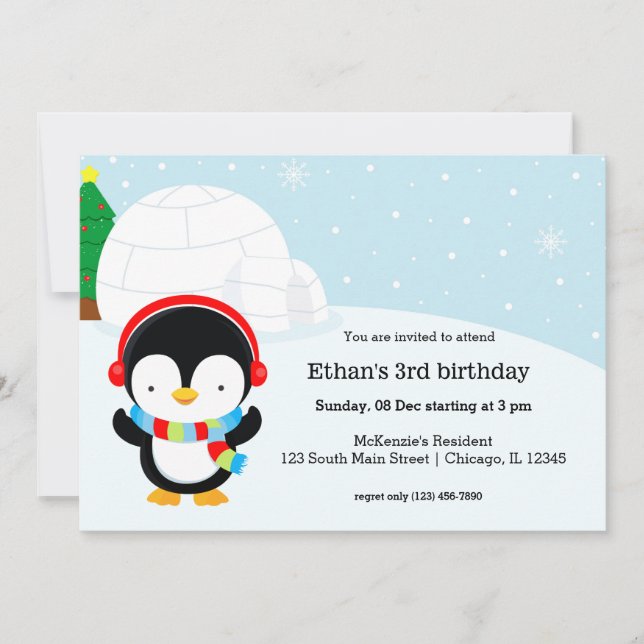 Invitation Belle fête d'anniversaire de pingouin (Devant)