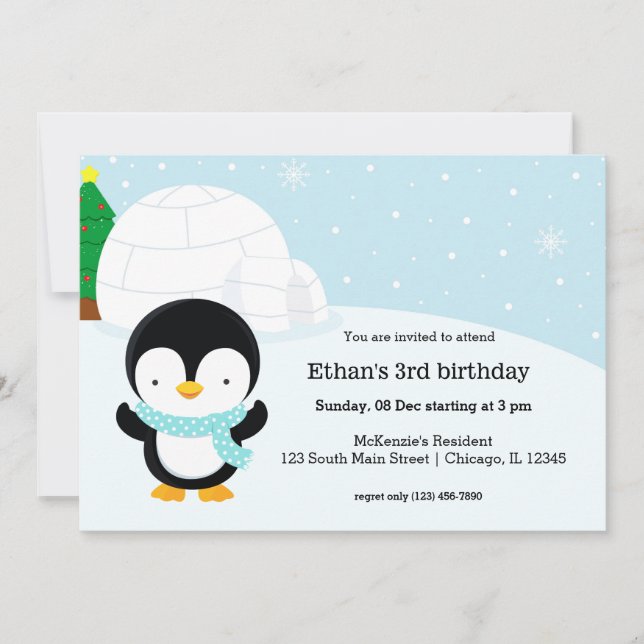 Invitation Belle fête d'anniversaire de pingouin (Devant)