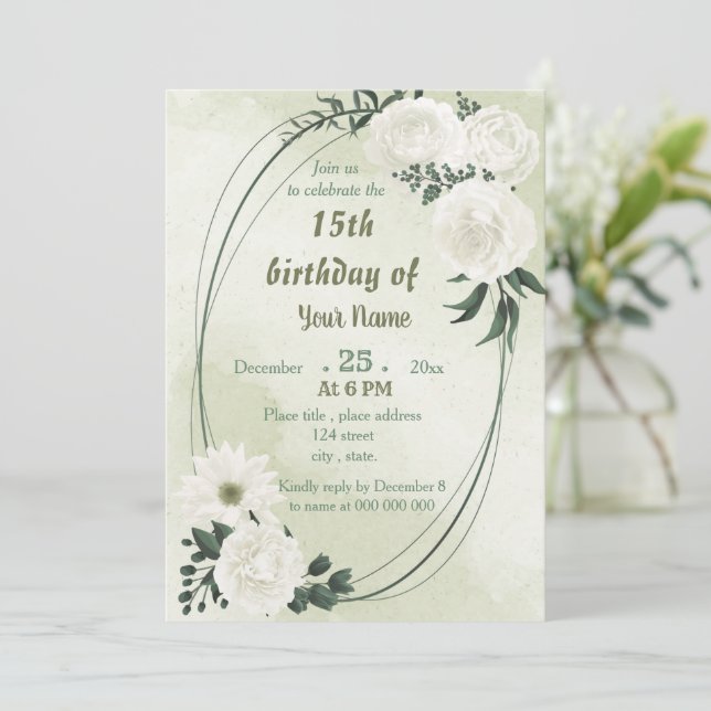 Invitation belle fête d'anniversaire fleurie blanche (Debout devant)