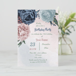 Invitation belle fête d'anniversaire rose bleu floral vert