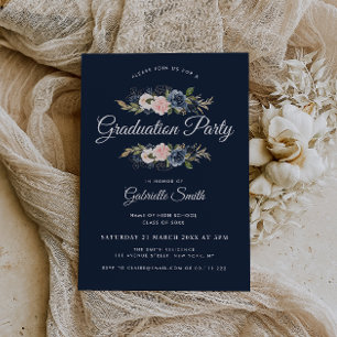 Invitation Belle fête de graduation florale bleu marine