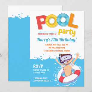 Invitation Belle fête de la piscine d'été garçon Anniversaire