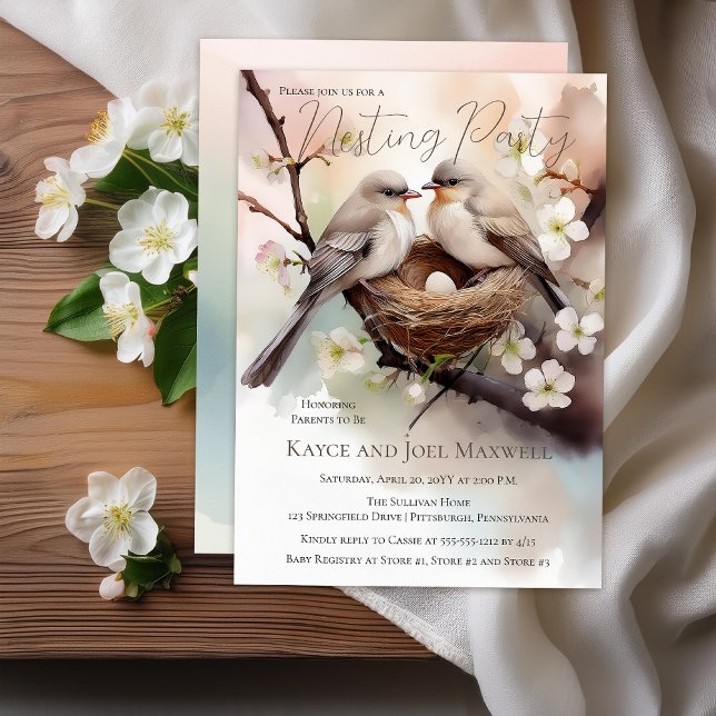 Invitation Belle fête de nidification des oiseaux Baby shower (Beautiful Birds In Nest "Nesting Party" Gender Neutral Baby Shower Invitation - Print | Download)
