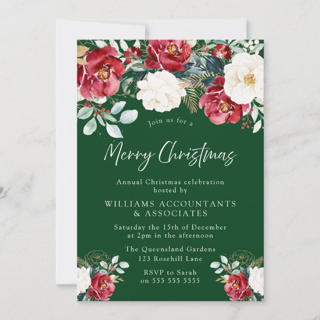 Invitation Belle fête de Noël Rouge Blanc Vert Floral (Devant)