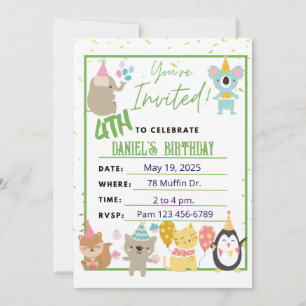 Invitation Belle fête d'enfant avec des animaux de fête en ve
