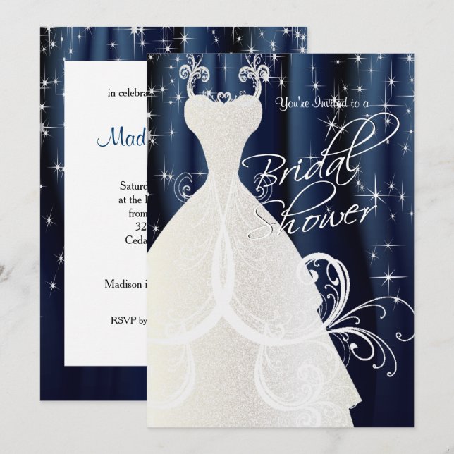 Invitation Belle Fête des mariées Bleue avec Étoiles Étincela (Devant / Derrière)