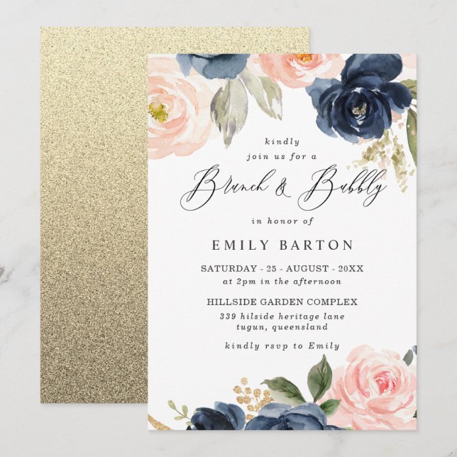 Invitation Belle Fête des mariées Blush Marine Brunch & Bubbl (Devant / Derrière)