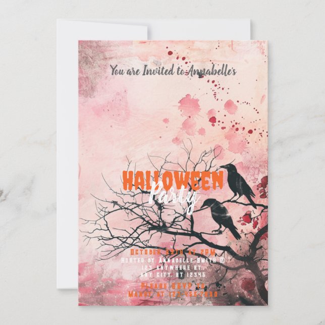 Invitation Belle fête d'Halloween Ciel rose Fleurs rouges (Devant)