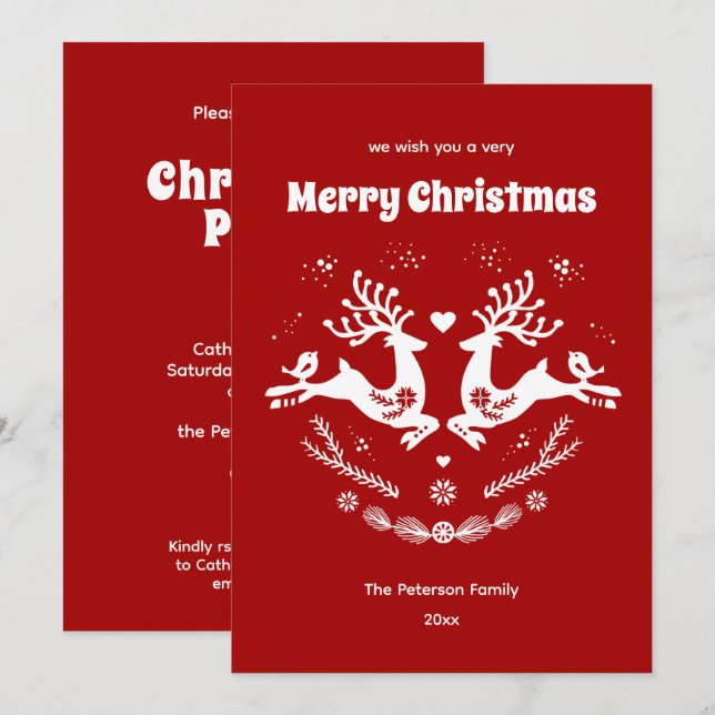 Invitation Belle Fête Scandi Rouge Blanc Noël Cerf (Devant / Derrière)